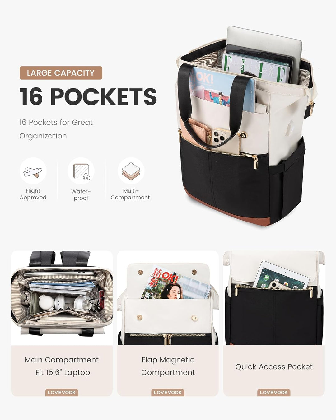 LOVEVOOK Rucksack Damen, Laptop Schulrucksack Teenager Wasserdicht, Schultasche Mädchen Arbeitstasch