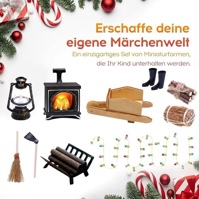 Puppenhaus Miniatur Zubehör Set, 13 Stück Wichtel Zubehör Weihnachten Möbel mit Grusskarten, Miniatu