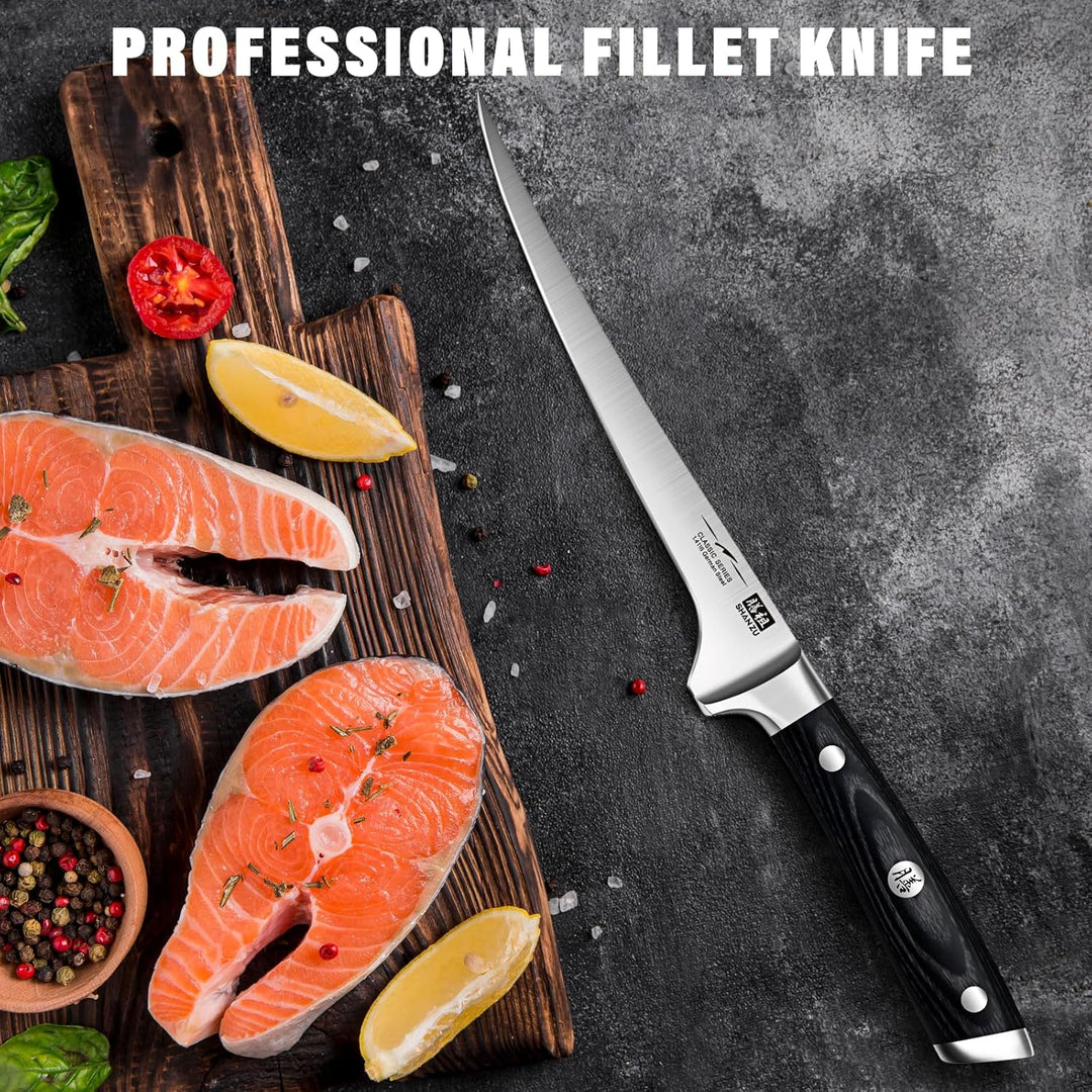 SHAN ZU Filetiermesser, Filitiermesser Scharf 18cm, Deutscher Edelstahl Fischfiliermesser mit Ergono
