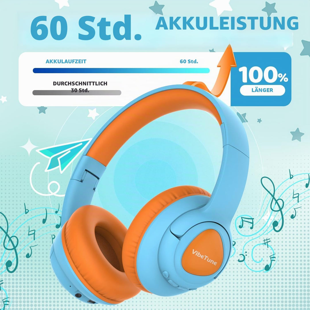 VibeTune Kinder Bluetooth Kopfhörer, 60 Stunden Spielzeit, Lautstärkebegrenzung 85/94dB, Bluetooth 5
