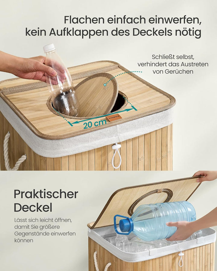 SONGMICS Pfandflaschen-Sammelbehälter, 95 L Pfandflaschen-Behälter, Bambus, Flaschensammler Leergut,