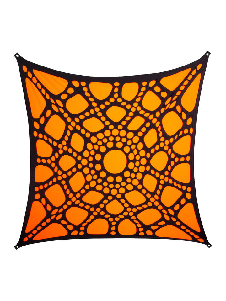 PSYWORK Schwarzlicht Segel Spandex | 3D Neon Spiderweb Black | Orange | 3 x 3m | UV-aktiv | Leuchten