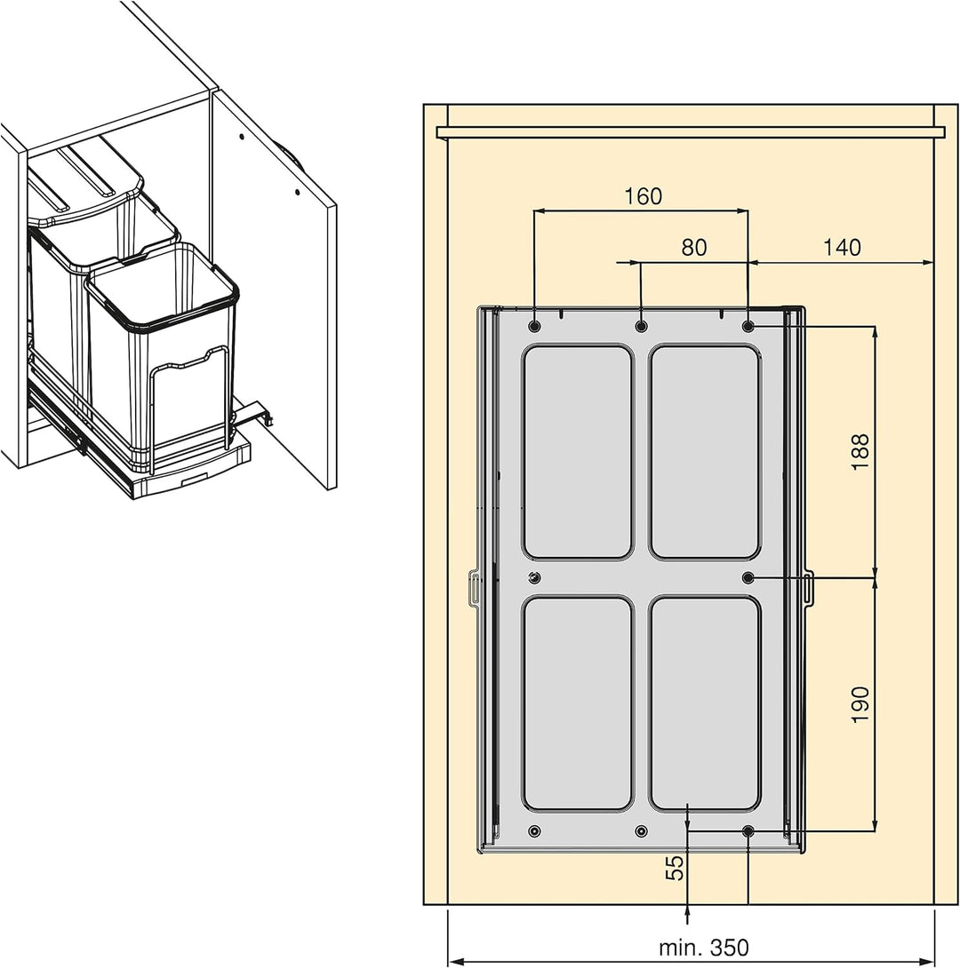 Emuca - Küchenabfallbehälter Recycle Inox, 2 x 12 L, Bodenbefestigung und Handauszug, Edelstahl Inox