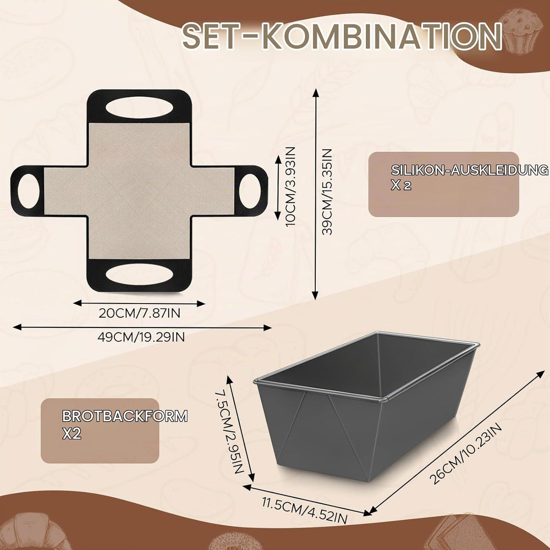 Brotbackform Set 2er-Pack, Rechteckige Kastenform 26x11.5x7.5CM, Antihaftbeschichtung Für Brot, Toas
