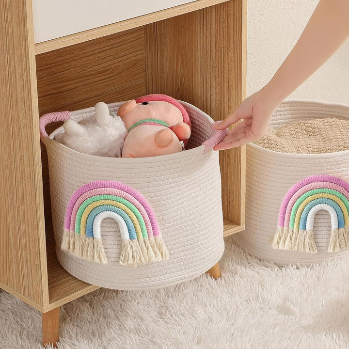 Spielzeug-Aufbewahrungskörbe, gewebtes Baumwollseil, Aufbewahrungskorb mit 3D-Regenbogen-Dekor für K