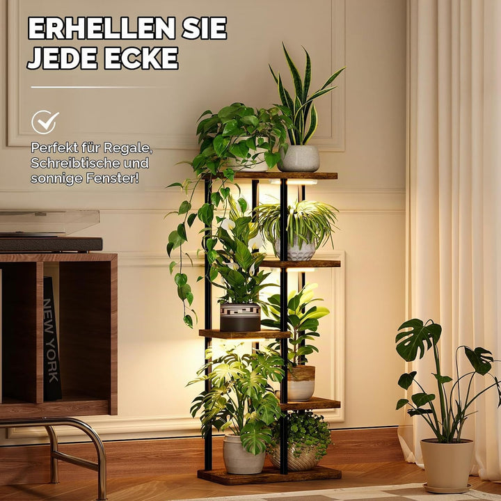 Bamworld Pflanzenregal Indoor mit LED-Wachstumslicht, 5 Ebenen Blumenständer Holz &amp; Metall, Mehrstöc