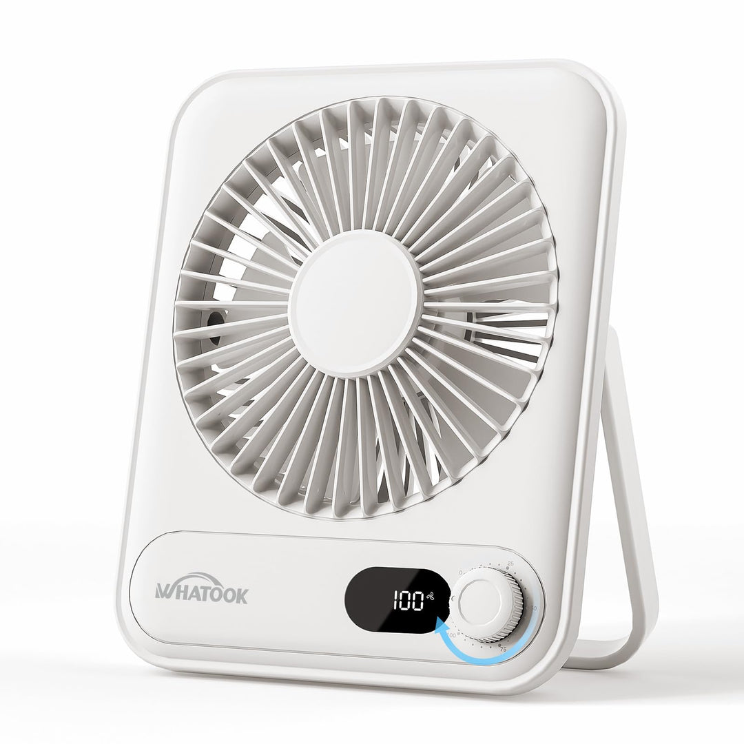 WHATOOK USB-Tischventilator Leise: Stufenlos 1-100 Regler, 5000mAh Akku Wiederaufladbarer Ventilator