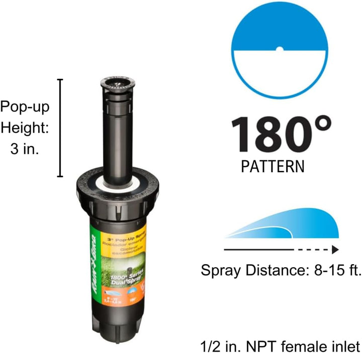 Rain Bird 1803DSH4PK Professioneller Dual-Sprüh-Pop-Up-Sprinkler, 180° Halbkreismuster, 2,4 m - 4,1
