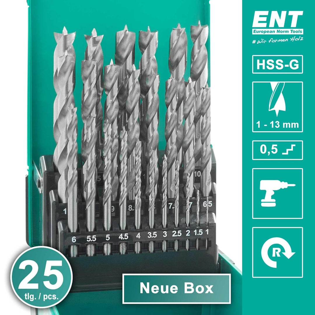 ENT 09225 25-tlg. HSS-G Holzbohrer-Set - 1-13 mm - in 0,5mm Schritten