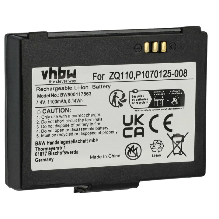 vhbw Akku kompatibel mit Zebra ZQ110 | ZQ220, ZR128 Barcodescanner POS (1100 mAh, 7,4 V, Li-Ion)