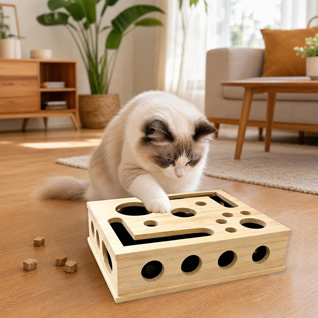 Kratzpuzzle Spielbox Holz, 30 x 25 cm Beschäftigungsbox Krallenfeile Katzen mit 3 Bällen, Katzenspie