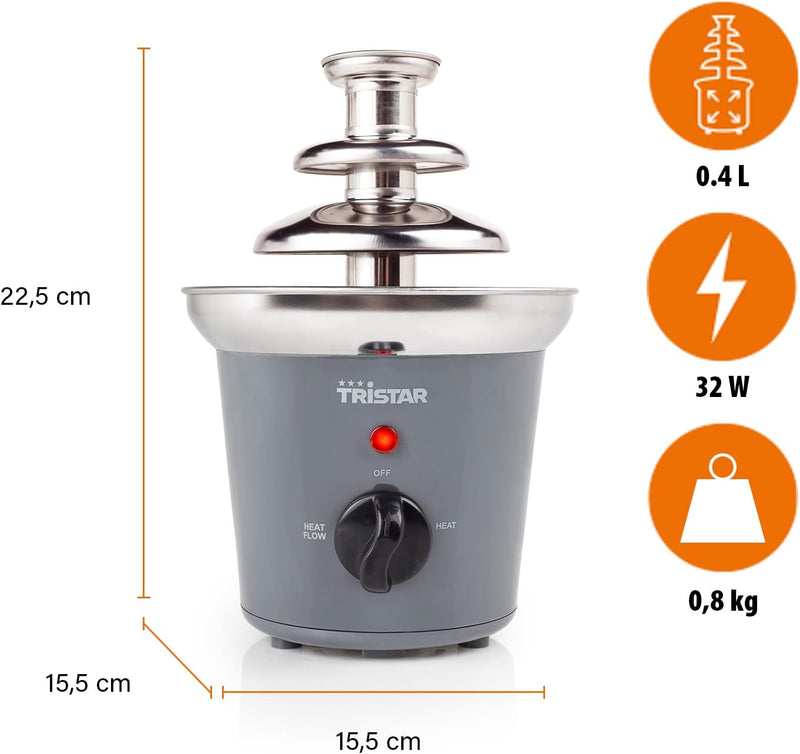 Tristar Edelstahl Schokobrunnen - 3 Ebenen, 0,4 Liter, Warmhaltefunktion, 32 Watt, CF-1603, Metallic