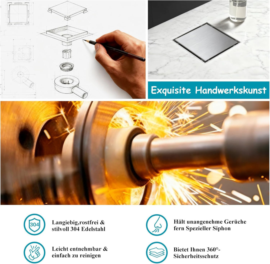 150 x 150 mm Duschrinne Quadratisch Edelstahl Bodenablauf mit 360° Siphon Geruchsstop, Haarfilter 2