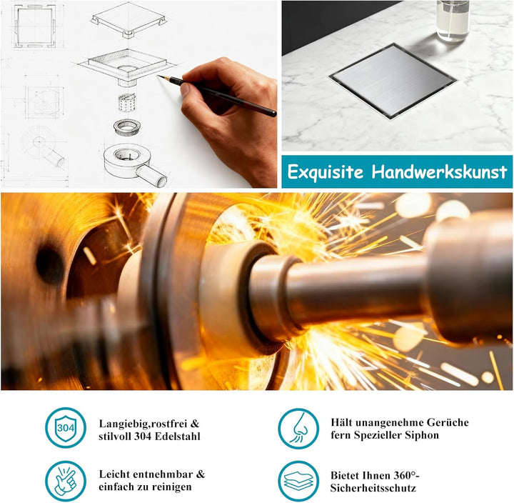 150 x 150 mm Duschrinne Quadratisch Edelstahl Bodenablauf mit 360° Siphon Geruchsstop, Haarfilter 2