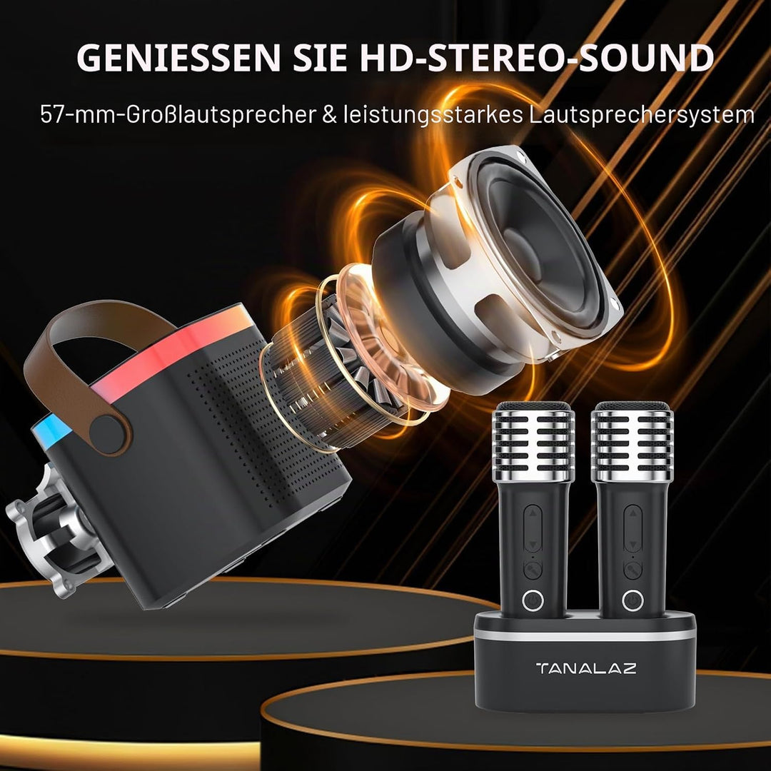 Karaoke-Maschine mit 2 drahtlosen Mikrofonen &amp; Mikrofonbasis, Mini-Bluetooth-Singlautsprecher mit LE
