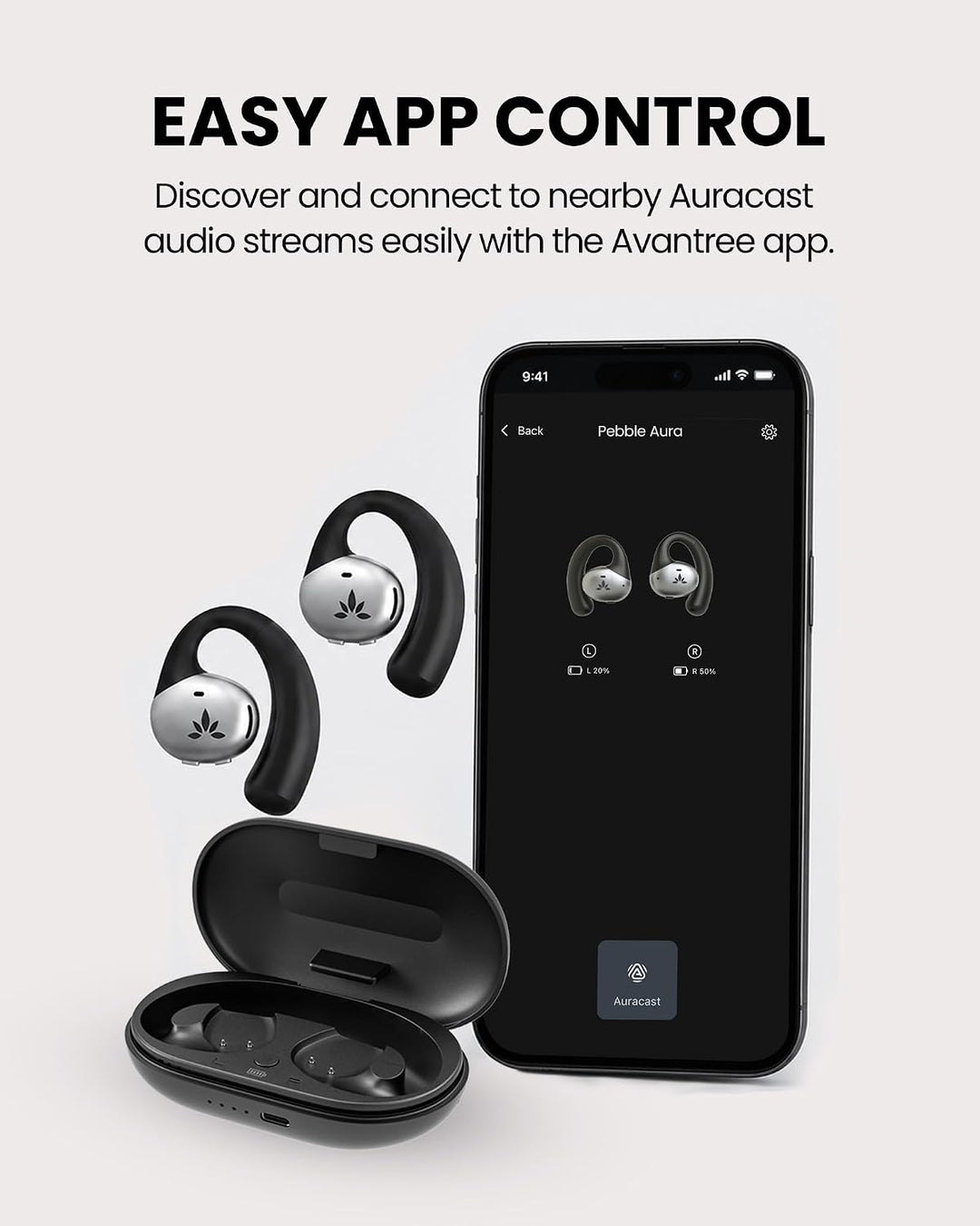 Avantree Pebble Aura - Open Ear Wireless Earbuds for TV with Auracast