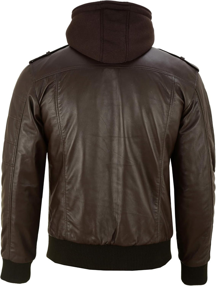 Vance Herren Echt Lederjacke aus 100% Lammleder Abnehmbarer Hoodie M Dunkelbraun, M Dunkelbraun