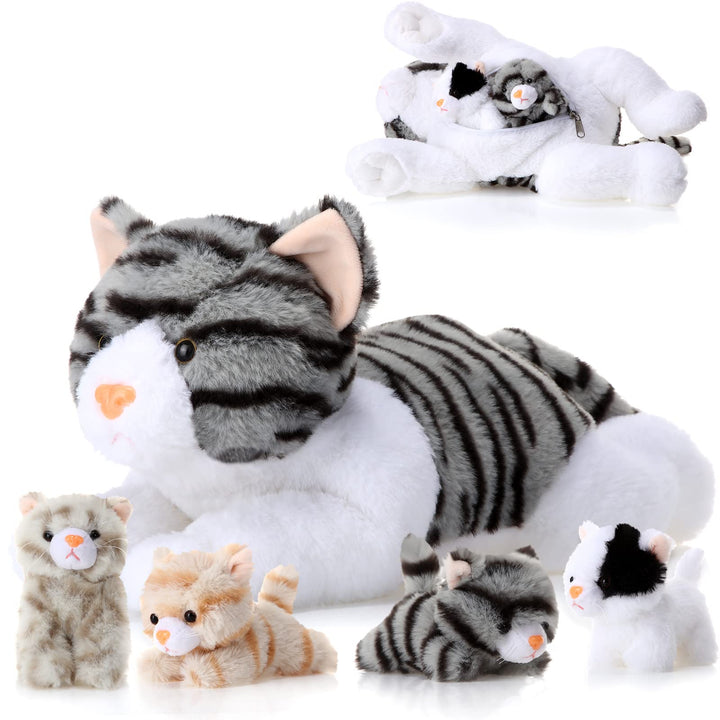 Skylety 5 Stück Katze Kuscheltier mit Babys Darin Mama Katze mit 4 Süssen Flauschigen Kätzchen Plüsc
