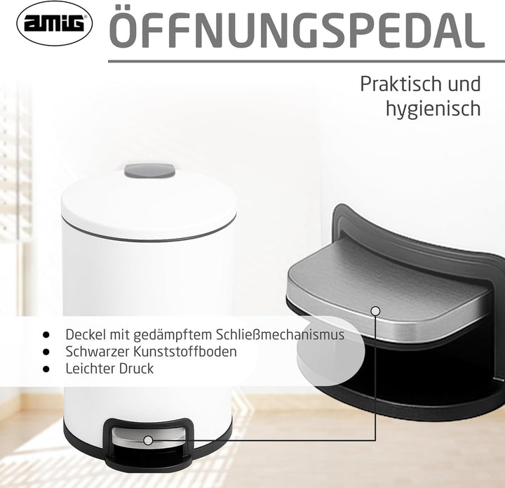 Amig - Kosmetikeimer mit Pedal 3L Tacto - Weiss - Hygienische Öffnung - Ø16,8 x 25,5 cm - Lackierter