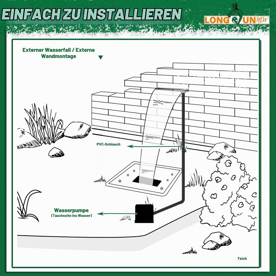 LONGRUNNEW Teich Wasserfallklingen Set, 90 cm Acryl Poolfontäne mit Zubehör, Breite 18 cm Gebogene A