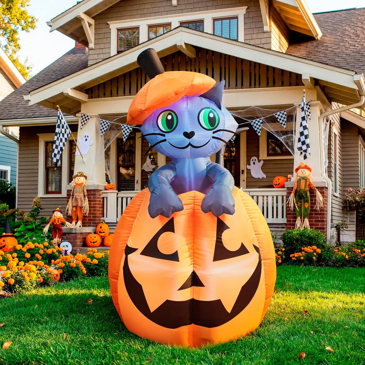 Joiedomi 1,5 m Halloween aufblasbare animierte Kitty Katze auf Kürbis aufblasbare Hof Dekoration mit