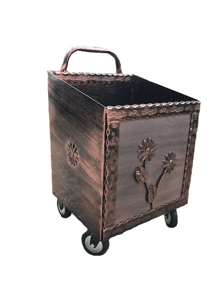 Wagen-Holzkorb Schmiedeeisen schwarz/kupfer mit Rollen cm 43 x 37 x 72h