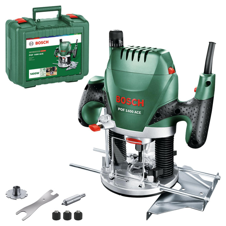 Bosch Home and Garden Oberfräse POF 1400 ACE (3 x Spannzange, Fräser, Parallelanschlag, Absaugadapte