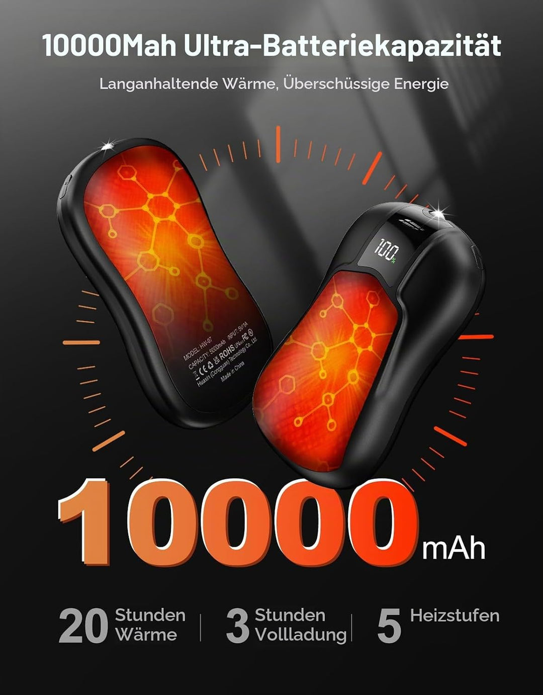 2er-Pack Hand Warmers, Wiederaufladbar mit 10000mAh Elektrische Handwärmer mit Doppelseitiger Heizun