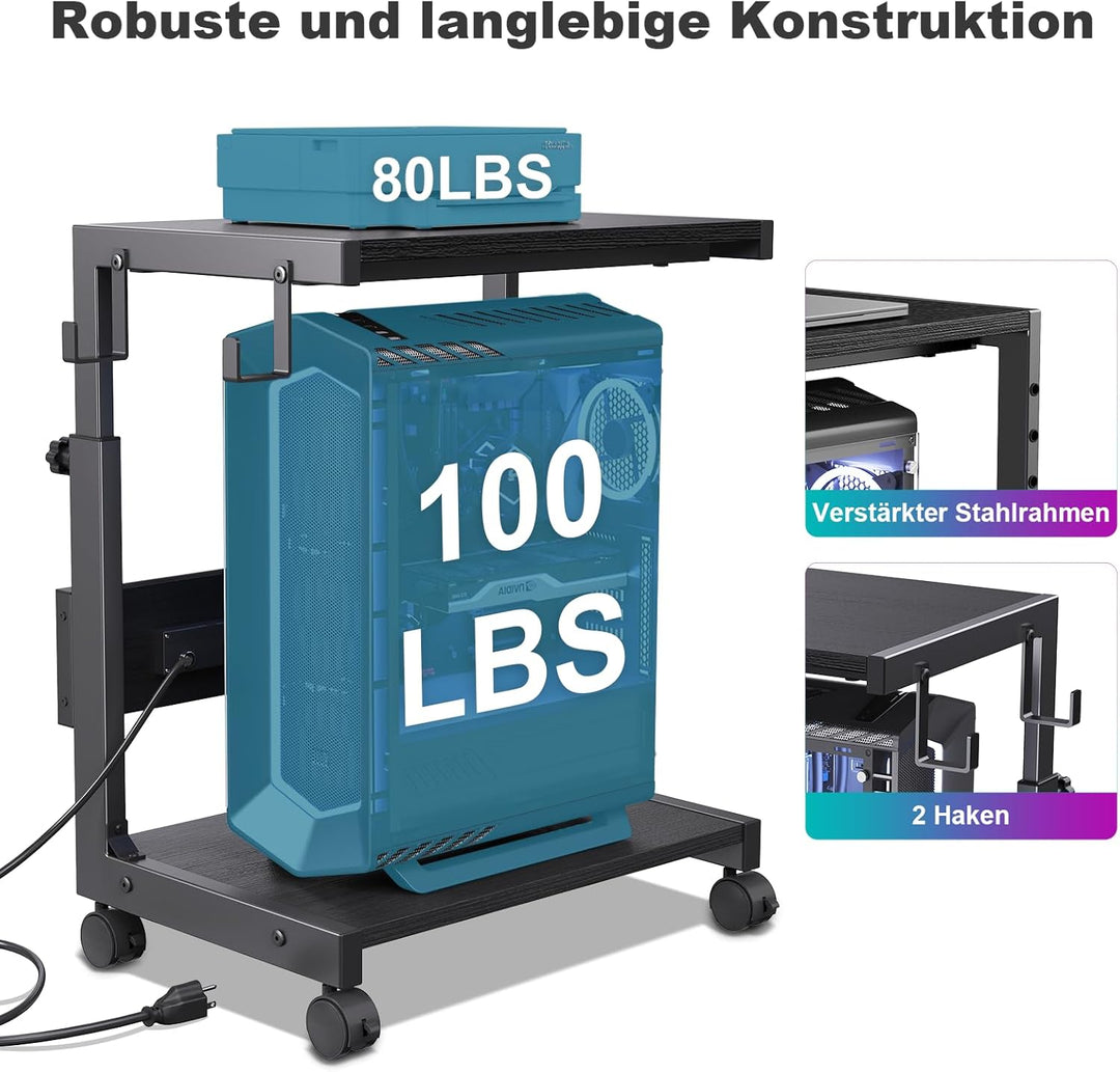 Höhenverstellbarer Computer-Tower-Ständer mit 2 Etagen & Stauraum – Bodenstehender PC-Ständer für AT