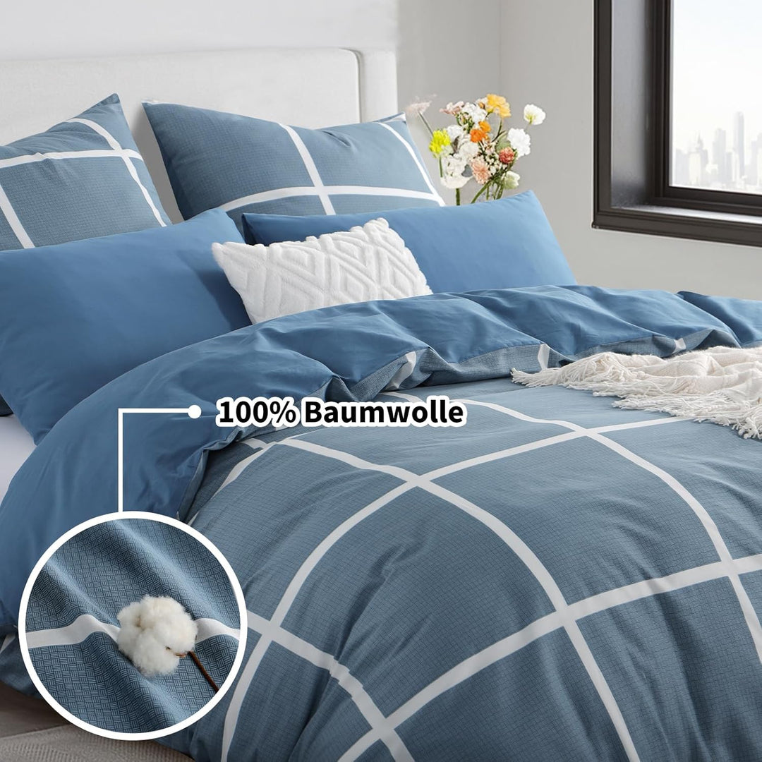 RUIKASI Bettwäsche 220x240 Baumwolle 3 teilig Denimblau - Baumwollbettwäsche 220 x 240 mit Karo Blau