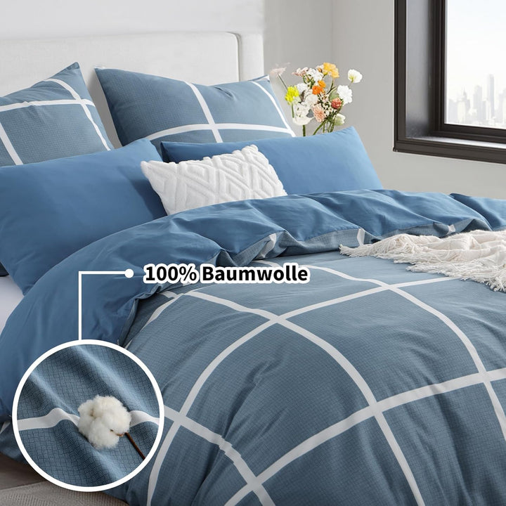 RUIKASI Bettwäsche 220x240 Baumwolle 3 teilig Denimblau - Baumwollbettwäsche 220 x 240 mit Karo Blau