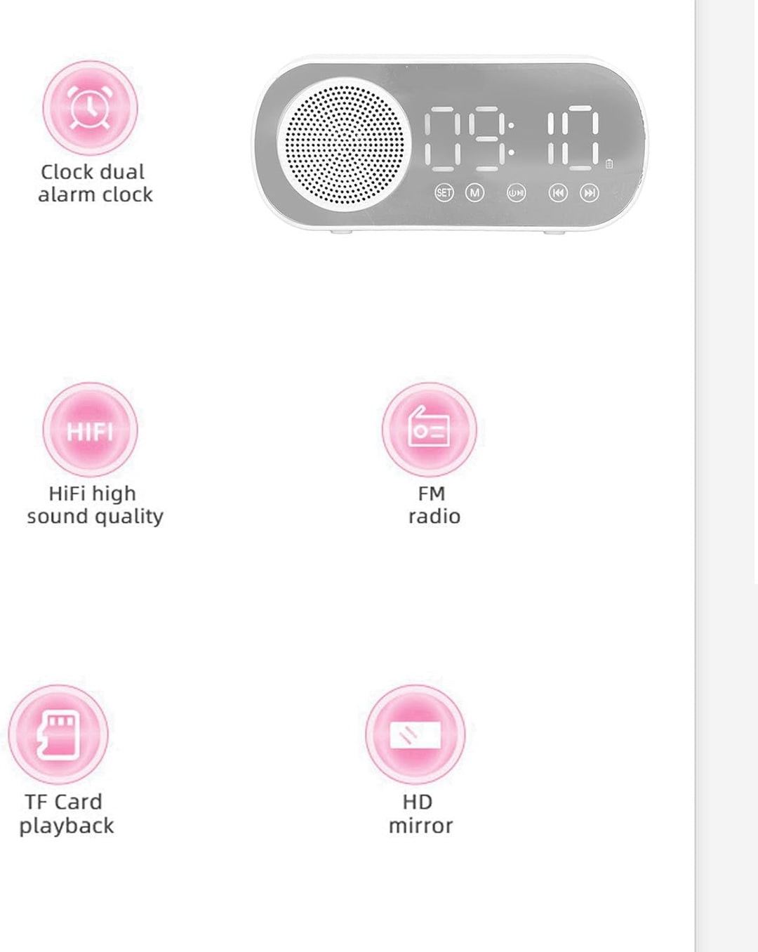 Fockety Digitaler Wecker, HiFi-FM-Radio, Wiederaufladbarer USB-Bluetooth 5.0-Lautsprecher, Kleine Uh