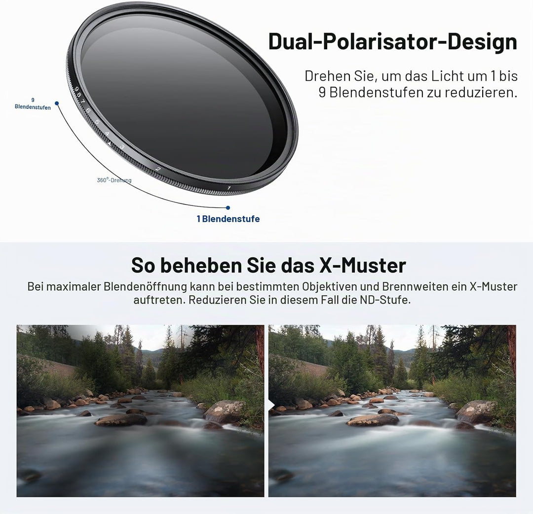 NEEWER BASICS 67mm variabler ND Filter, ND2-400 1-9 Stops Lichtreduzierung, drehbarer variabler Grau
