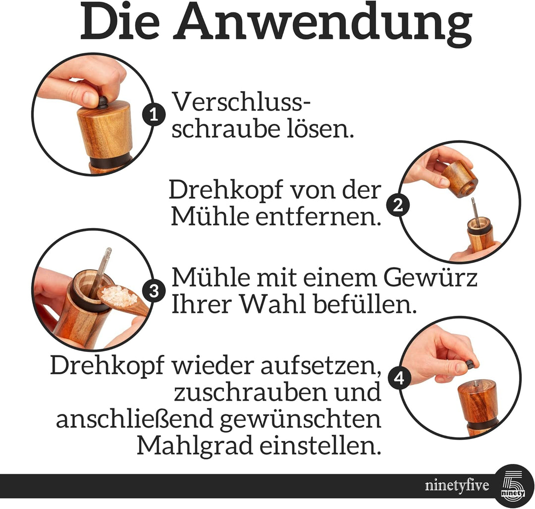 ninetyfive® edles Pfeffermühlen Set aus Holz | Salz und Pfeffermühle + Untersetzer und Einfülllöffel