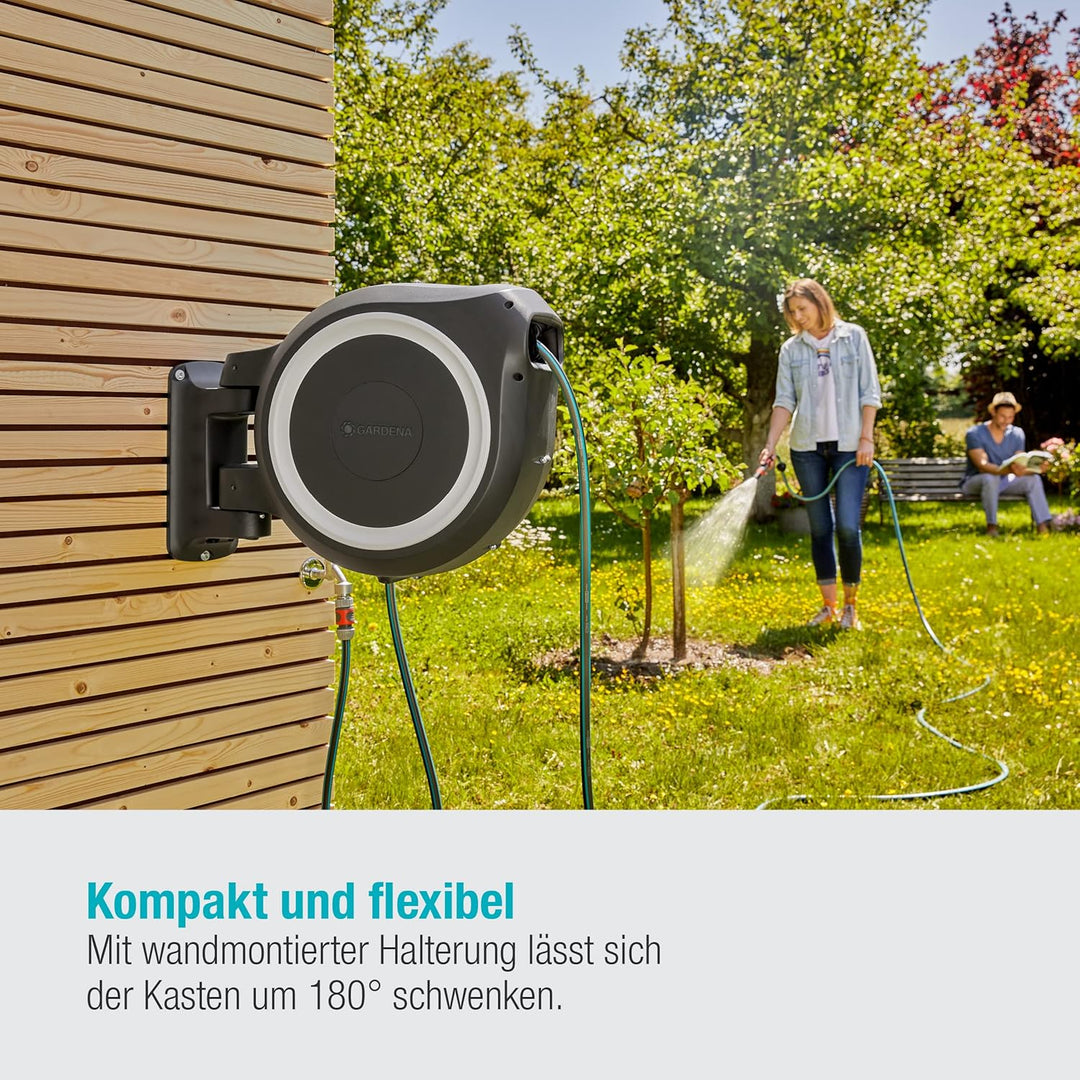 Gardena Wand-Schlauchbox RollUp L (weiss) 30 m: mit ecoPulse Spritze, Schwenkbare Schlauchbox, integ