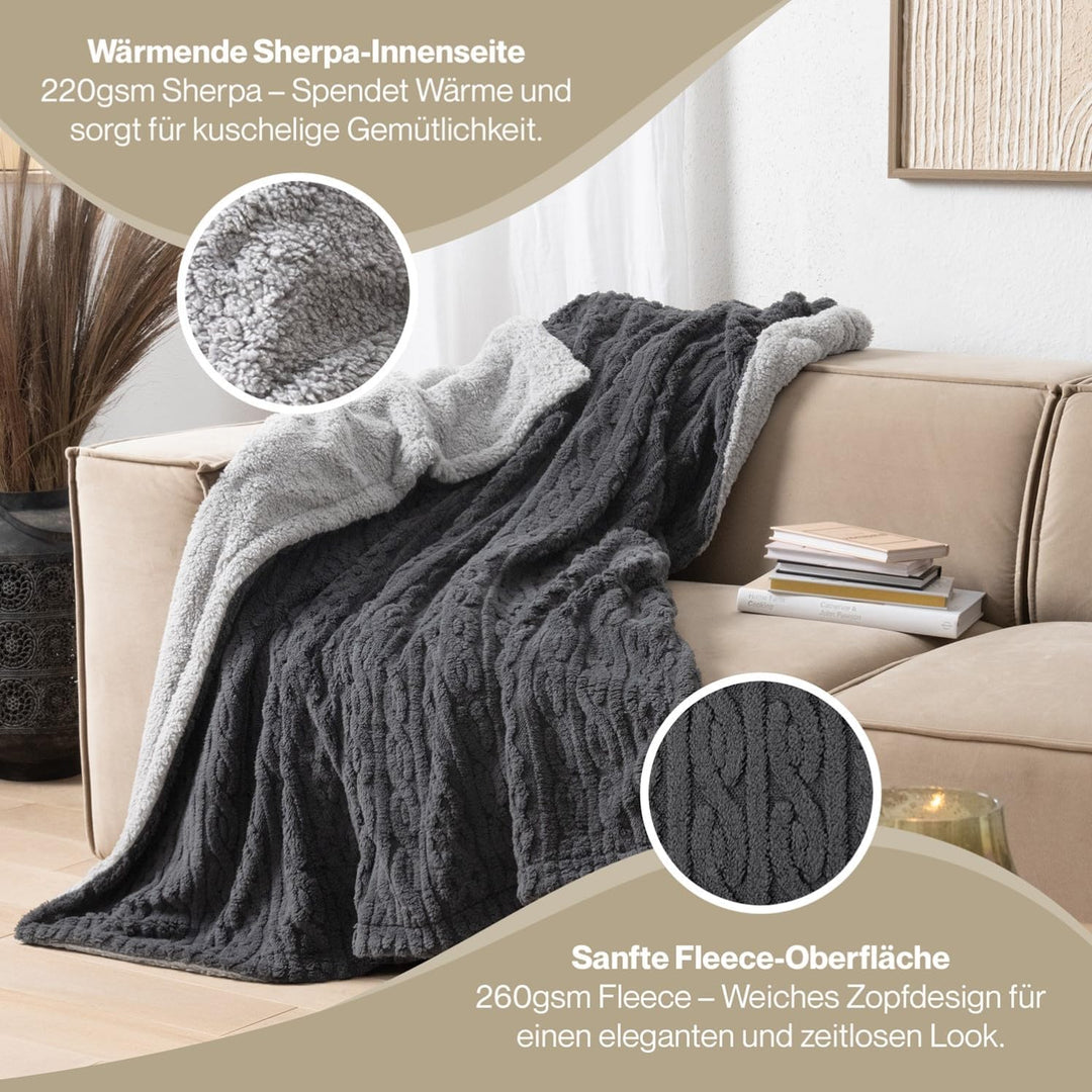 Blumtal Kuscheldecke 230x270 cm mit Zopfstrick-Optik - OEKO-TEX zertifizierte Mikrofaser Fleecedecke