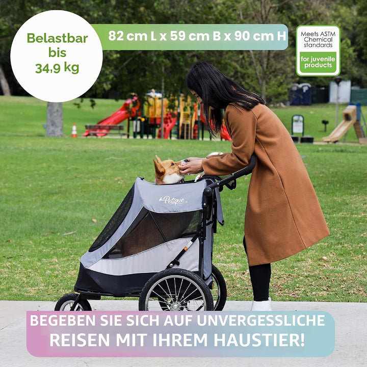 Petique Trailblazer Jogger Hundebuggy Space Gray mit Reifenpumpe, Regenhülle, Fahrrad-Adapter &amp; Sich