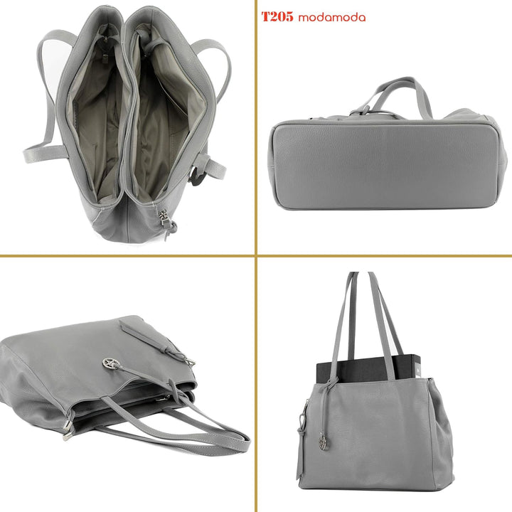 modamoda de T205 Damen Leder Schultertasche Shopper Henkeltasche handmade in Italy Anthrazitgrau, An
