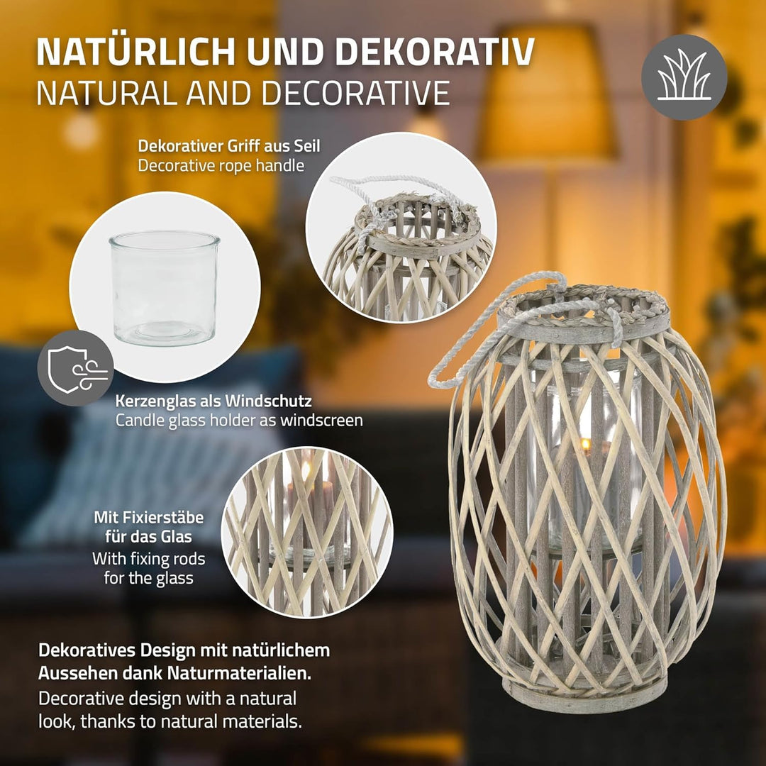 ECD Germany Laterne Ried 40xØ26 cm mit Henkel, Natur Grau/Braun, Holz Flechtoptik Rattan Windlicht m