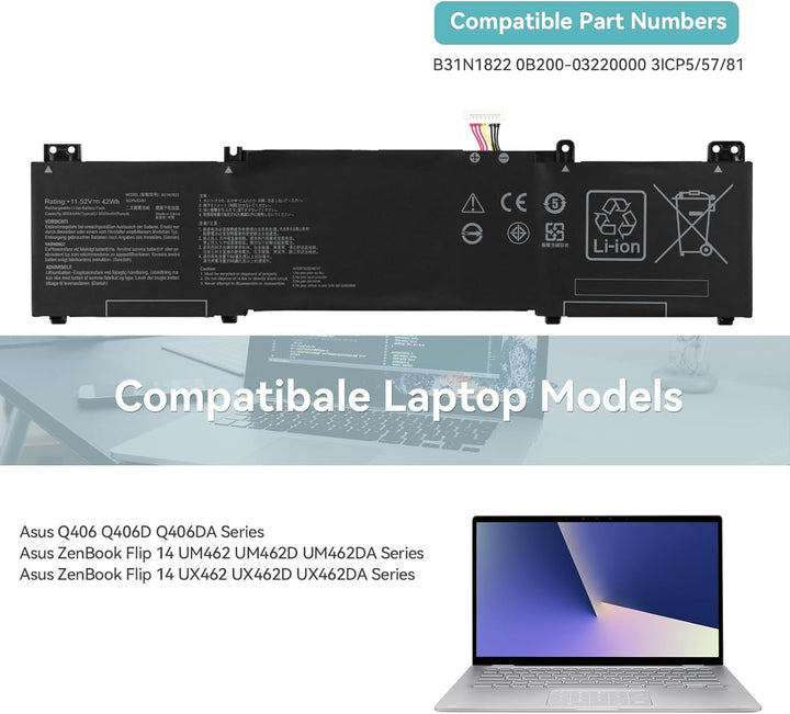 42Wh B31N1822 Laptop Akku für Asus ZenBook Flip 14 UM462 UX462 UX462D UM462D UX462DA UM462DA Q406 Q4