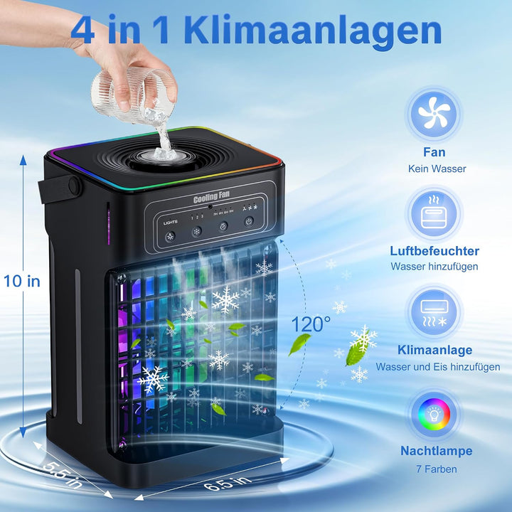 Klimaanlage Mobil, 4-in-1 Mobile Klimaanlage, Ventilator mit Wasserkühlung 1100ml Wassertank, Air Co