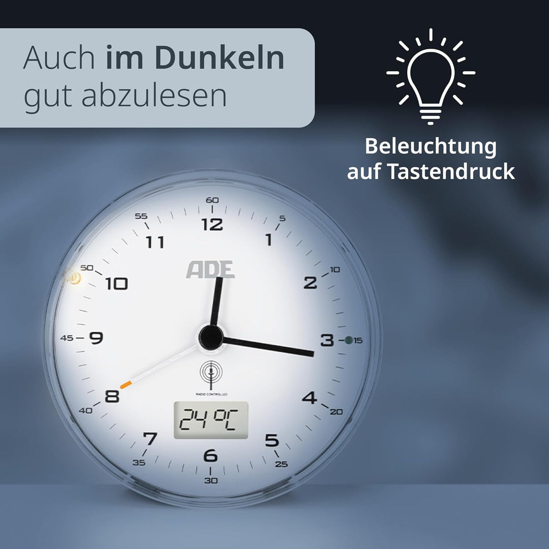 ADE Funk wecker analog ohne Ticken | Uhr mit Temperaturanzeige und Kalender | lautloser analoger Wec