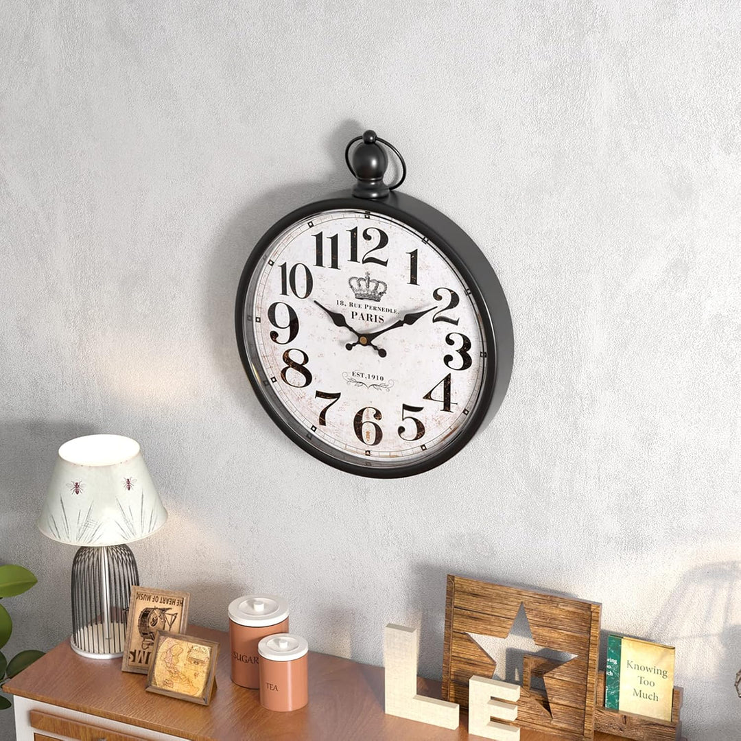 Menterry Small Retro Round Wall Clock. Black Vintage Antique Style Wall Clocks. Battery Operated Sil