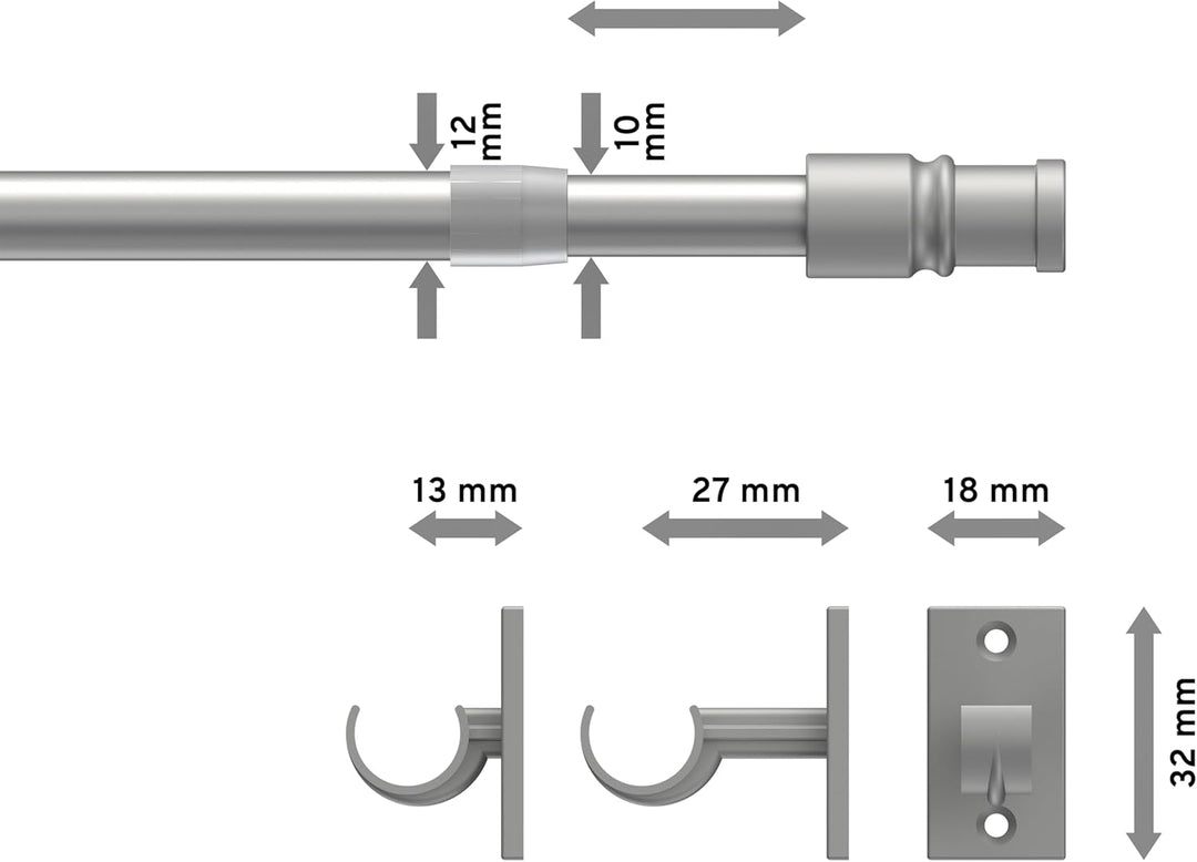 Interdeco Cafehausstangen (2 Stück), Scheibenstangen Silbergrau in 12 mm Ø, Sora, 55-85 cm ausziehba