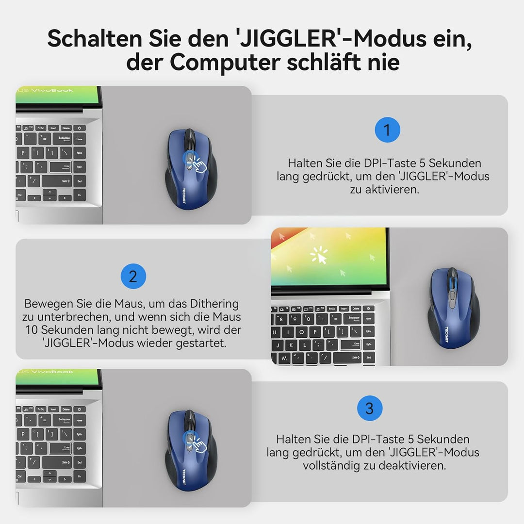 TECKNET Bluetooth Maus mit Jiggler, Wiederaufladbare Maus Kabellos(DREI Modi: BT 5.0/3.0 + 2.4G), 48