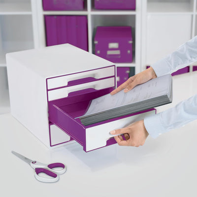 Leitz CUBE Schubladenbox mit 4 Schubladen, Weiss/Violett, A4, Inkl. transparentem Schubladeneinsatz,