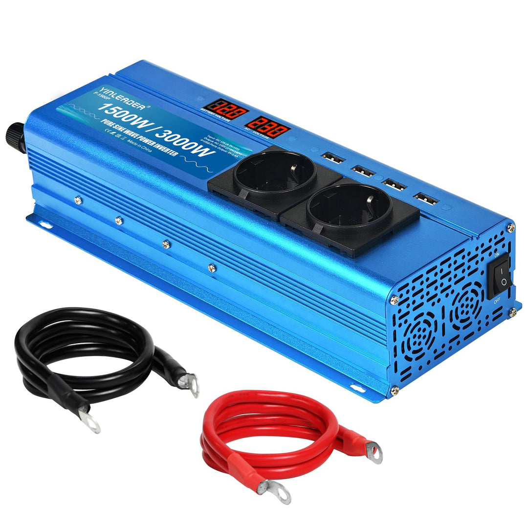 Wechselrichter 1500W 12V 230V Reiner Sinus Spannungswandler mit 2 AC-Steckdose 4 USB 2 LED