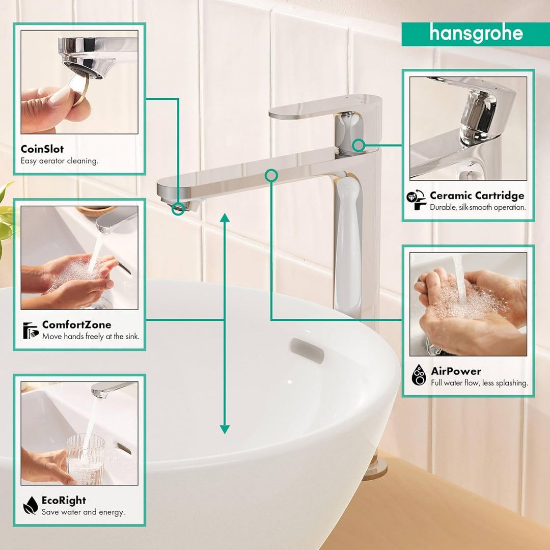 Hansgrohe Rebris S 72524001 zeitgenössische Waschbeckenarmatur mit 1 Griff, 1 Loch, 30,5 cm hoch, Ch