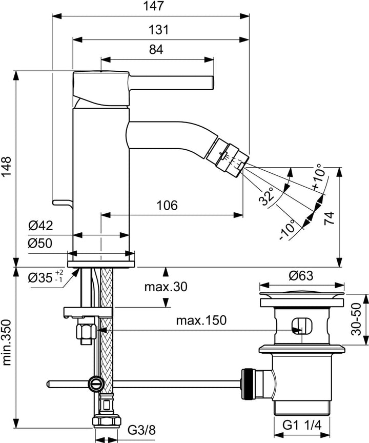 Ideal Standard BC197AA Ceraline Bidetarmatur mit Zugknopf-Ablaufgarnitur