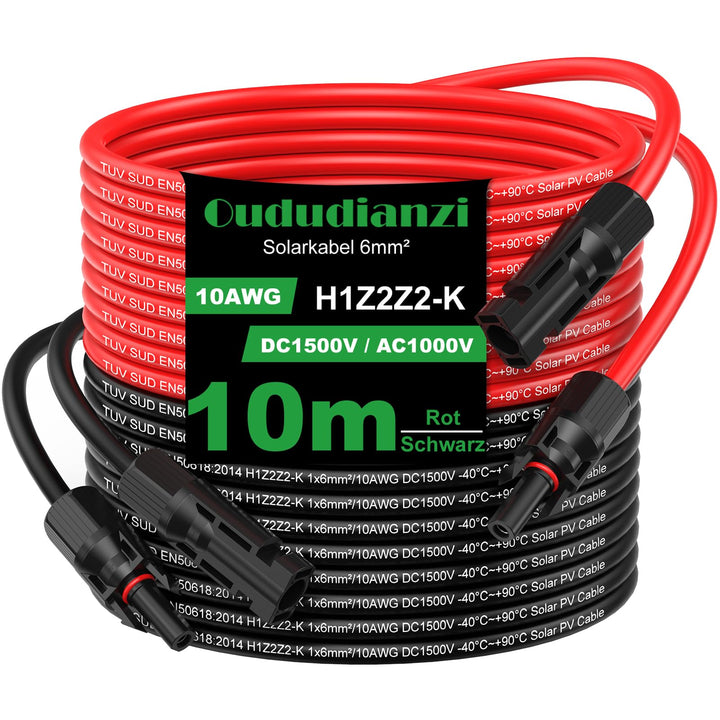 Oududianzi 2x10m Solarkabel Verlängerung, Solarkabel 6mm2 10m, Photovoltaik Solarkabel, Solar Verlän